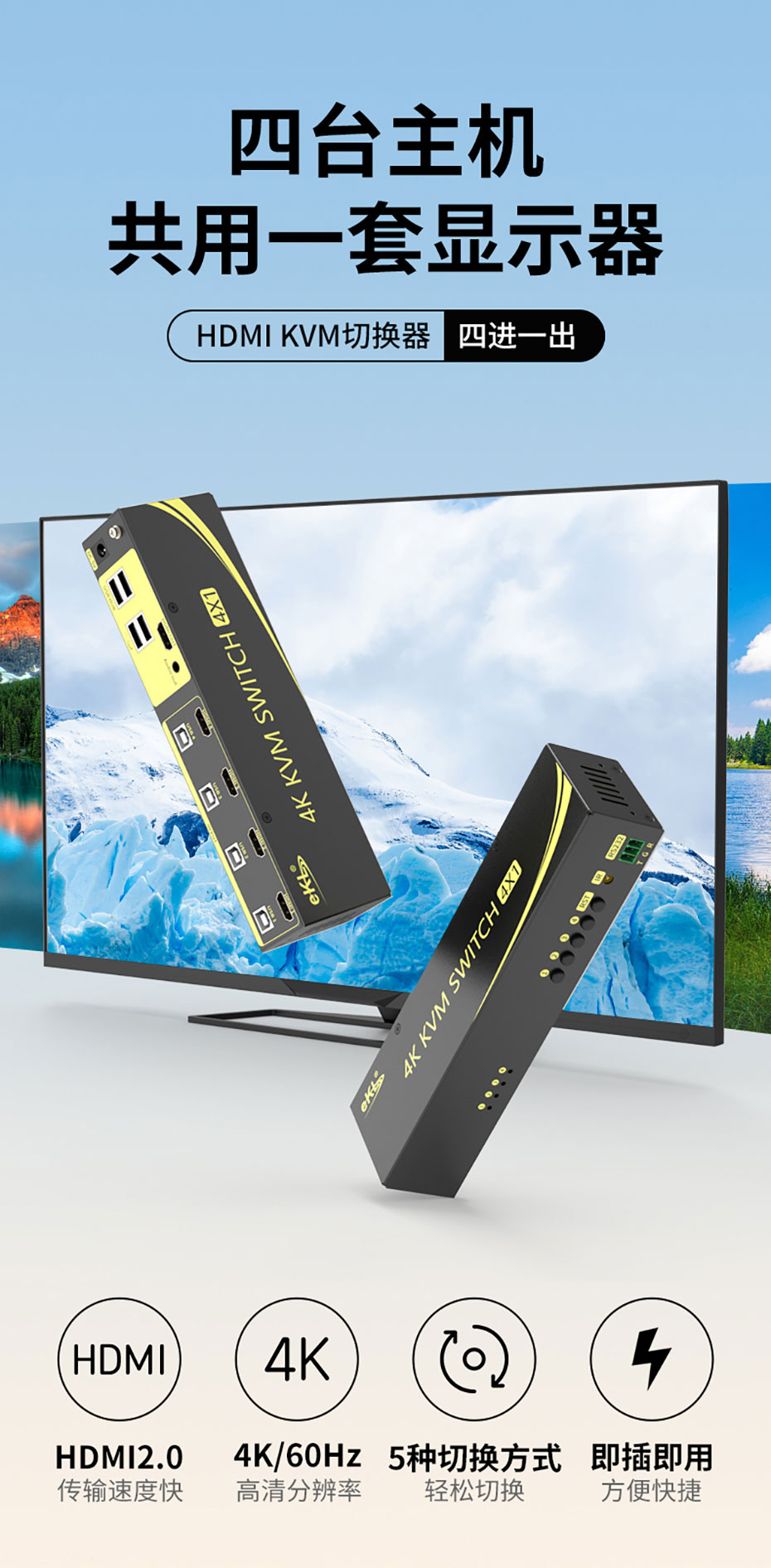 cq9电子平台网站 4K 4进1出HDMI KVM切换器41HA