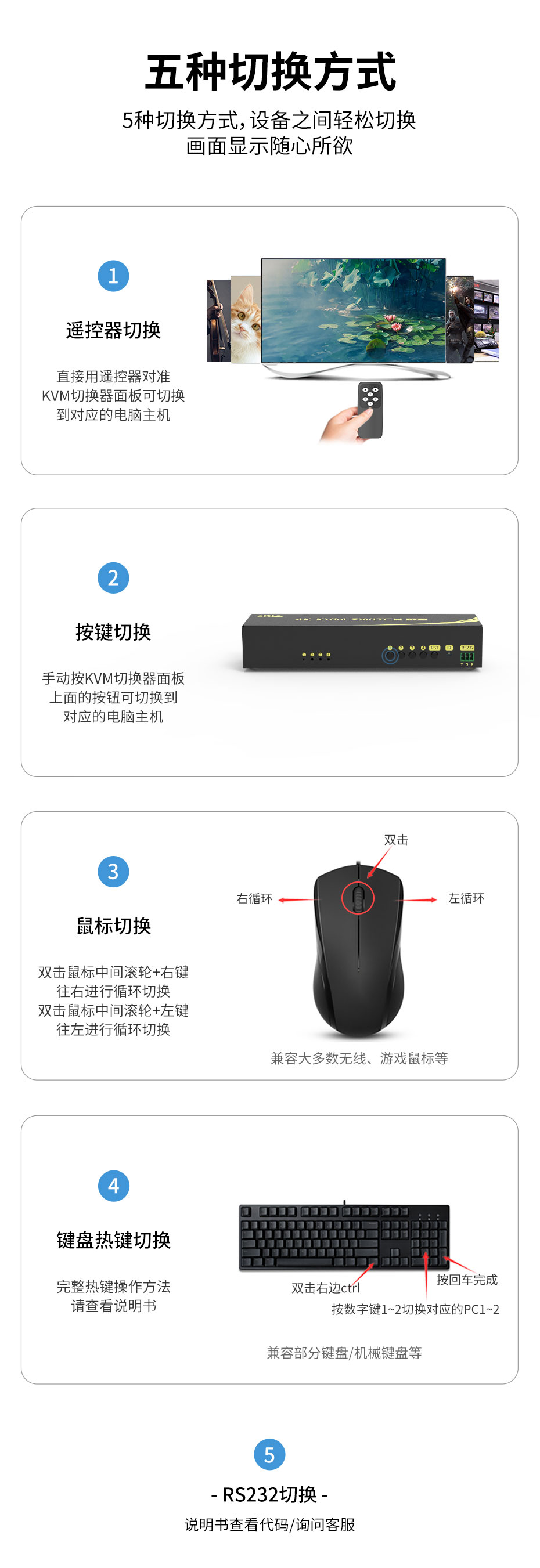 cq9电子平台网站 4K 4进1出HDMI KVM切换器41HA五种切换方式：遥控切换、按键切换、鼠标切换、键盘热键切换、RS232切换