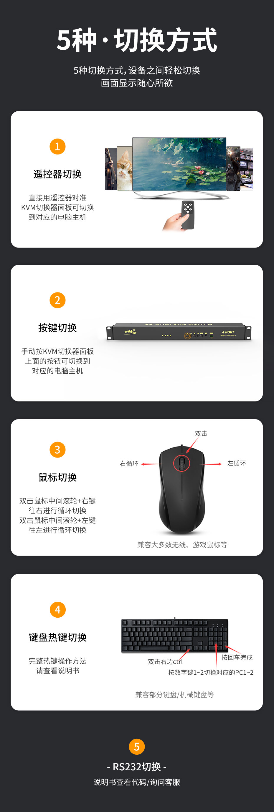 cq9电子平台网站机架式KVM切换器41HR支持5种切换方式：遥控器切换、按键切换、鼠标切换、键盘热键切换、RS232切换