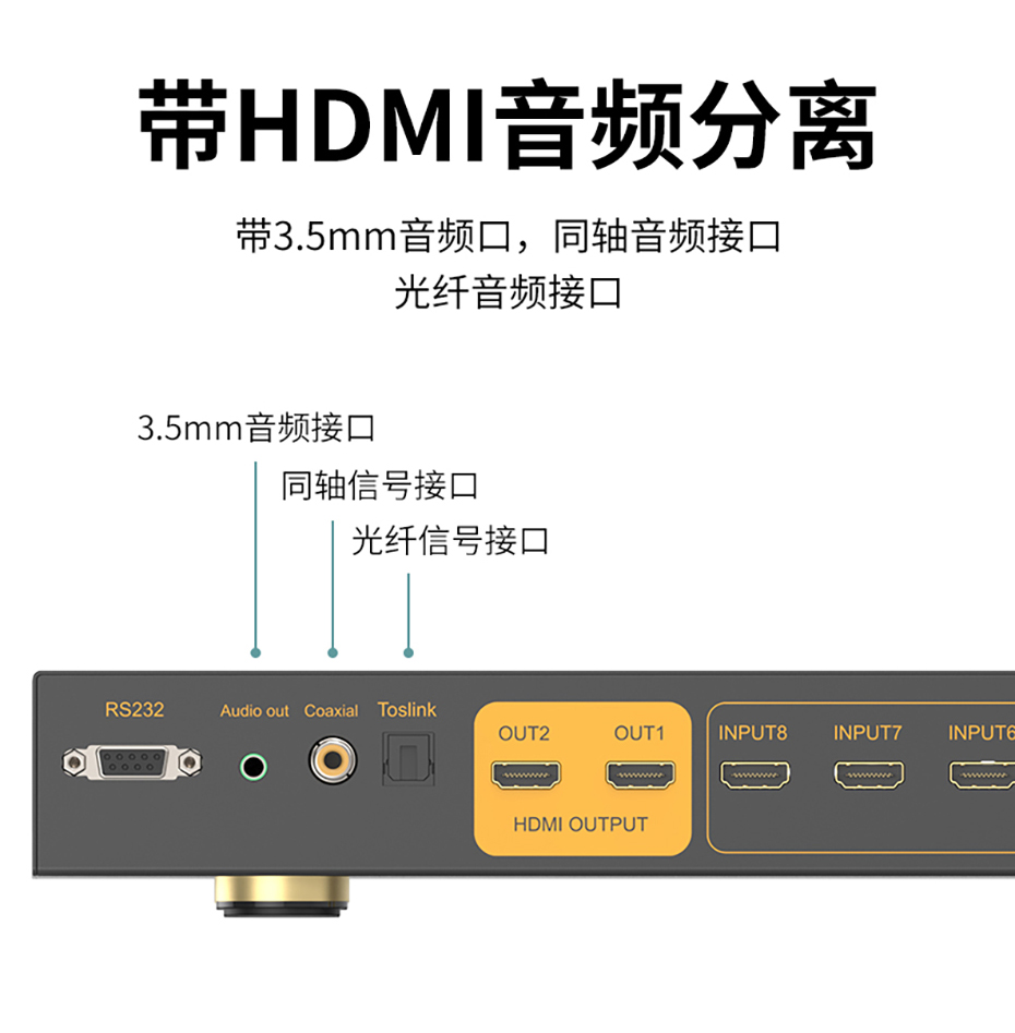 cq9电子平台网站HDMI切换器812HA自带光纤、同轴、3.5mm音频输出功能